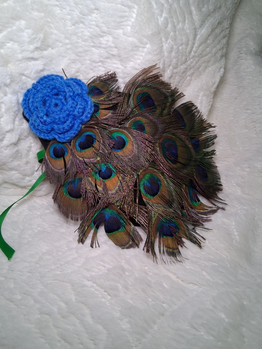 Handmade Peacock Feather Half Skirt with Blue Crochet Flower